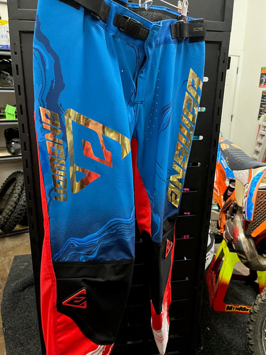 blue and red answer riding pants